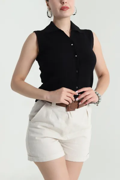 Siyah Cıt Cıtlı Polo Yaka Kadın Triko 477781