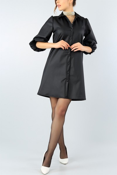 Siyah Çıtçıtlı Deri Elbise 44911