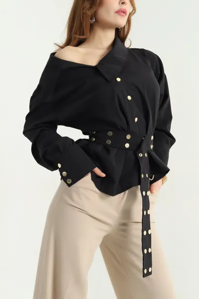Siyah Çıtçıtlı Kayık Yaka Poplin Gömlek 337809