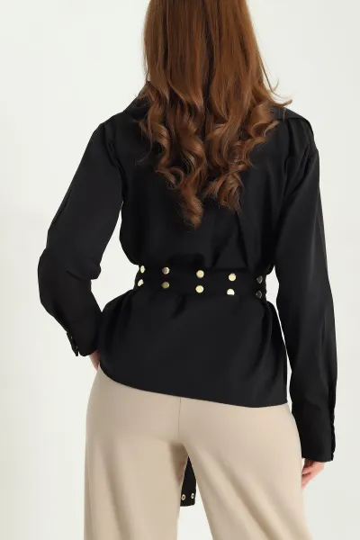 Siyah Çıtçıtlı Kayık Yaka Poplin Gömlek 337809