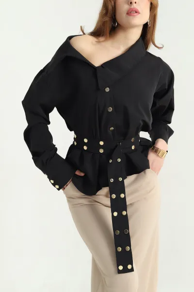 Siyah Çıtçıtlı Kayık Yaka Poplin Gömlek 337809