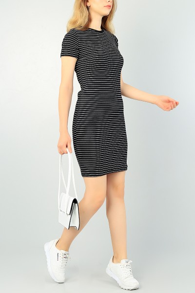 Siyah Çizgi Tasarım Fitilli Elbise 70552