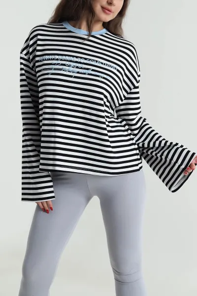 Siyah Çizgili Baskılı Kadın Sweatshirt 494409