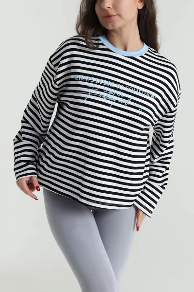 Siyah Çizgili Baskılı Kadın Sweatshirt 494409