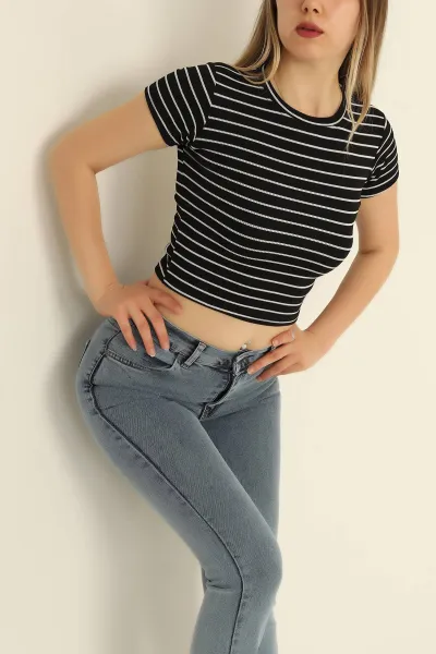 Siyah Çizgili Bisiklet Yaka Bluz 276579