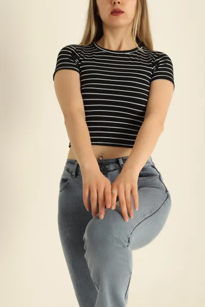 Siyah Çizgili Bisiklet Yaka Bluz 276579