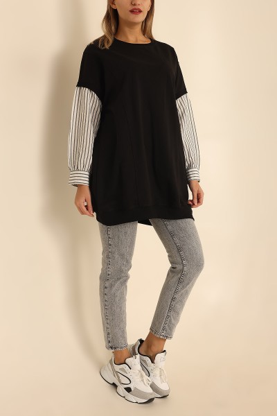 Siyah Çizgili Garnili İki İp Sweat 210128