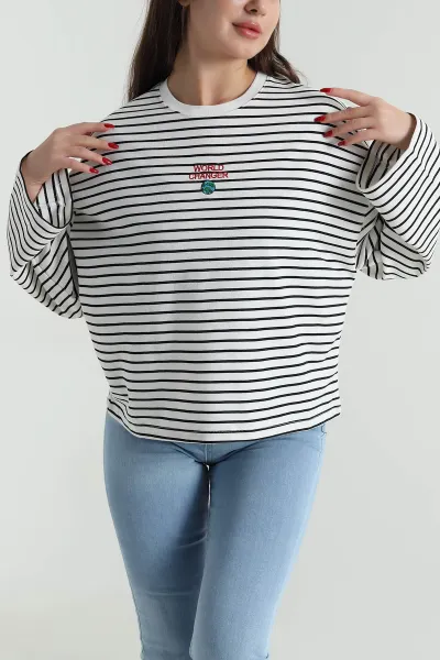 Siyah Çizgili Kadın İki İp Fermuarsız Sweat 496515