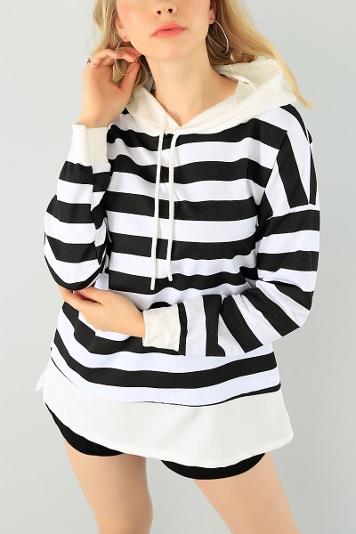 Siyah Çizgili Kapüşonlu Bayan Sweat Tunik 74847