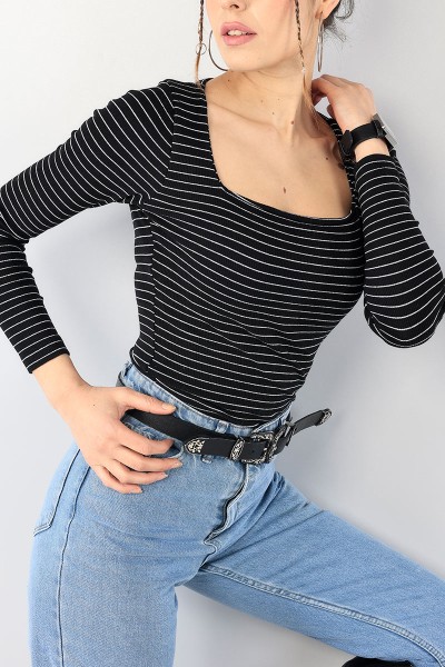 Siyah Çizgili Kare Yaka Fitilli Bluz 90713