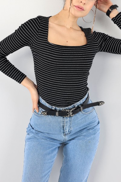 Siyah Çizgili Kare Yaka Fitilli Bluz 90713