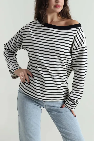 Siyah Çizgili Kayık Yaka Modal Kadın Bluz 498861