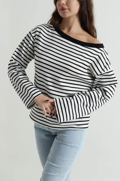 Siyah Çizgili Kayık Yaka Modal Kadın Bluz 498861