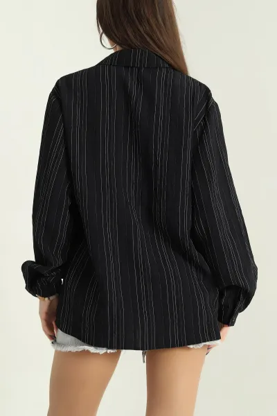Siyah Çizgili Oversize Dokuma GÖmlek 337015