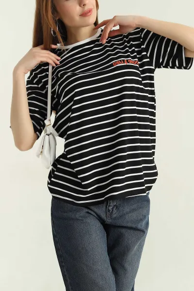 Siyah Çizgili Oversize Kadın Tişört 354282