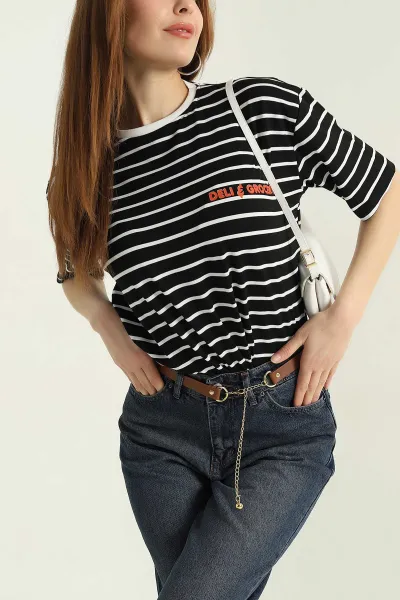 Siyah Çizgili Oversize Kadın Tişört 354282