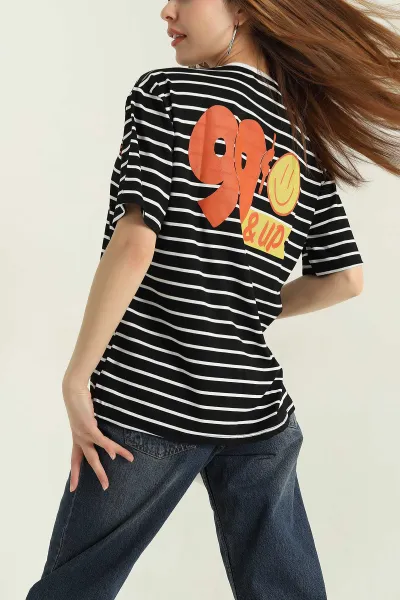 Siyah Çizgili Oversize Kadın Tişört 354282