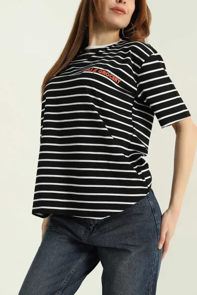 Siyah Çizgili Oversize Kadın Tişört 354282