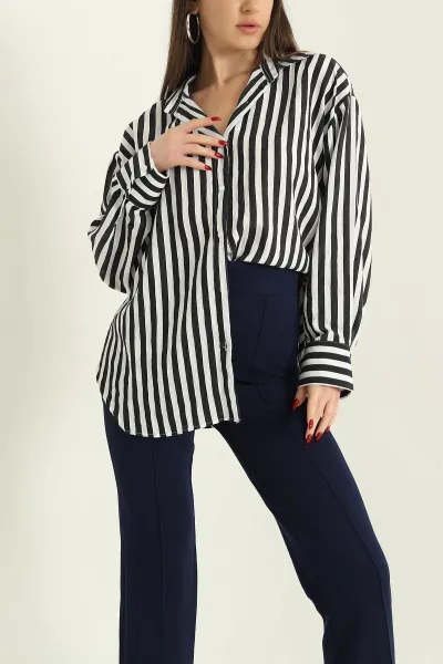 Siyah Çizgili Oversize Mikro Saten Gömlek 332411