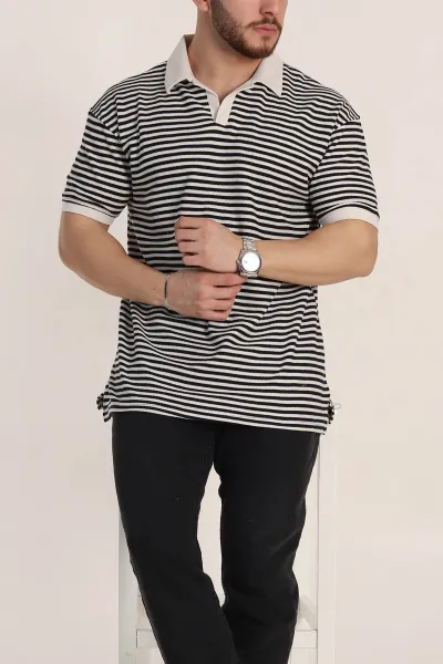 Siyah Çizgili Oversize Örme Polo Yaka Erkek Tişört 349890