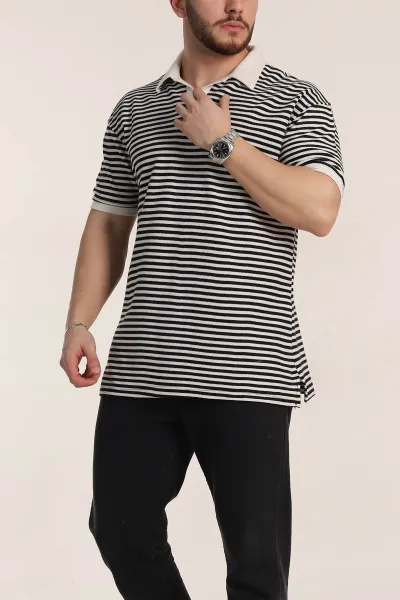 Siyah Çizgili Oversize Örme Polo Yaka Erkek Tişört 349890