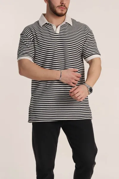 Siyah Çizgili Oversize Örme Polo Yaka Erkek Tişört 349890