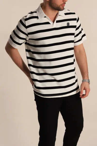 Siyah Çizgili Oversize Polo Yaka Erkek Tişört 272821