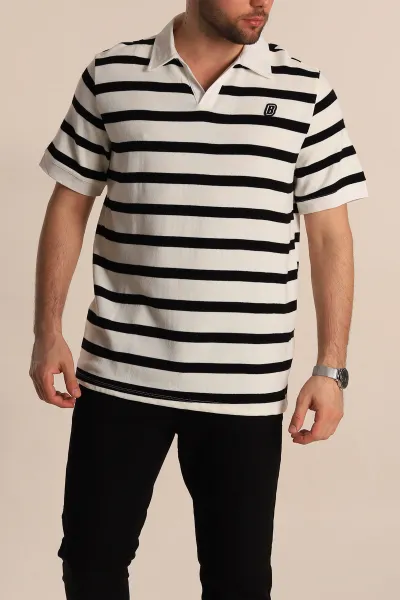 Siyah Çizgili Oversize Polo Yaka Erkek Tişört 272821