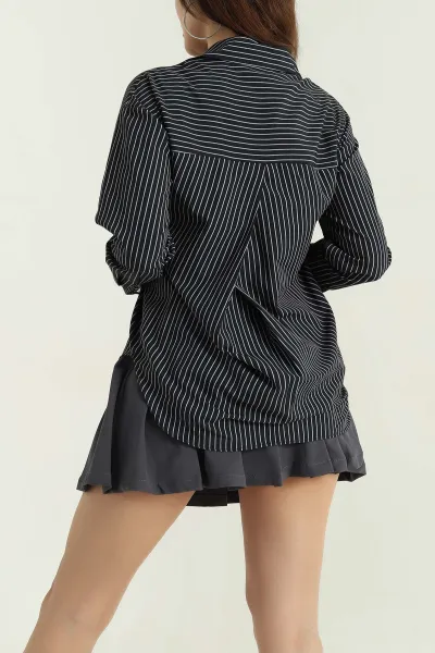 Siyah Çizgili Oversize Poplin Kumaş Gömlek 336466