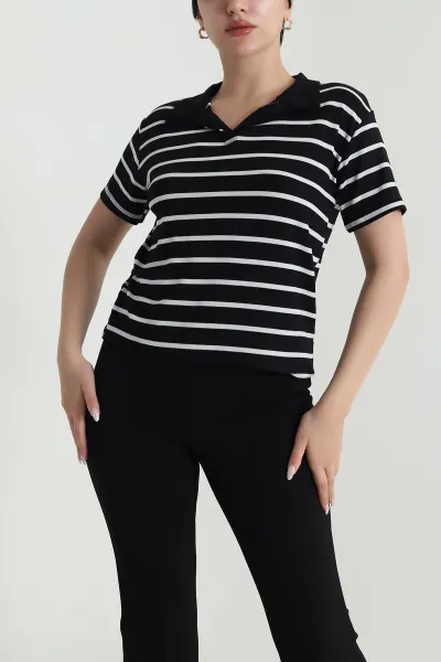 Siyah Çizgili Polo Yaka Kadın Tişört 463659
