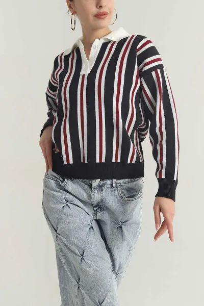 Siyah Çizgili Polo Yaka Triko Kadın Kazak 401536