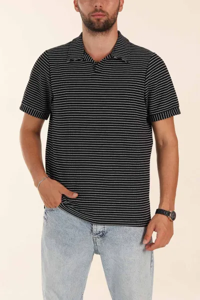 Siyah Çizgili Regular Fit Dokulu Polo Yaka Erkek Tişört 277084