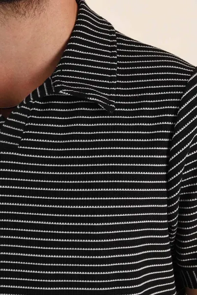 Siyah Çizgili Regular Fit Dokulu Polo Yaka Erkek Tişört 277084