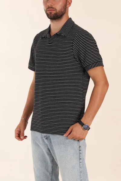 Siyah Çizgili Regular Fit Dokulu Polo Yaka Erkek Tişört 277084