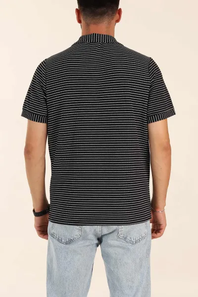 Siyah Çizgili Regular Fit Dokulu Polo Yaka Erkek Tişört 277084