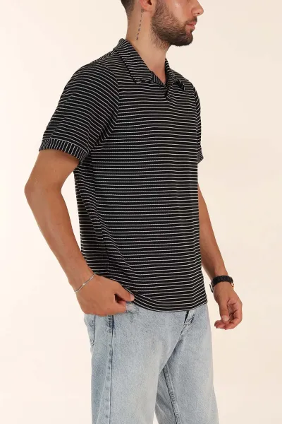 Siyah Çizgili Regular Fit Dokulu Polo Yaka Erkek Tişört 277084