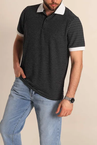 Siyah Çizgili Regular Fit Polo Yaka Erkek Tişört 277106
