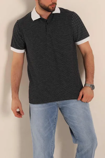 Siyah Çizgili Regular Fit Polo Yaka Erkek Tişört 277106