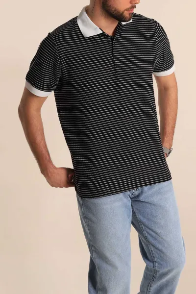 Siyah Çizgili Regular Fit Polo Yaka Erkek Tişört 277106