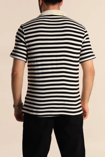 Siyah Çizgili Relaxed Fit Polo Yaka Erkek Triko Tişört 276747