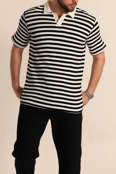 Siyah Çizgili Relaxed Fit Polo Yaka Erkek Triko Tişört 276747