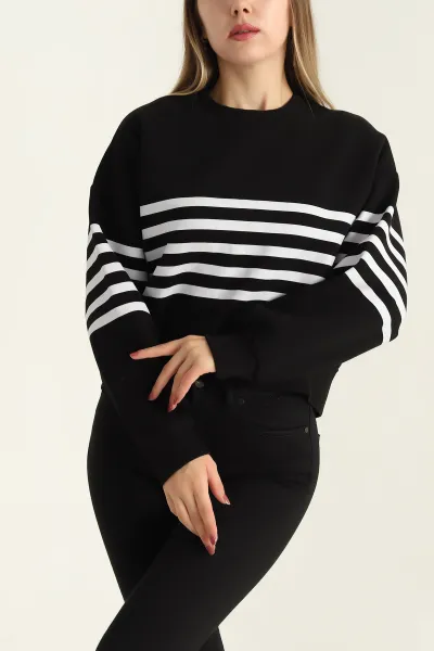 Siyah Çizgili Şardonlu İki İp Bayan Sweat 303892