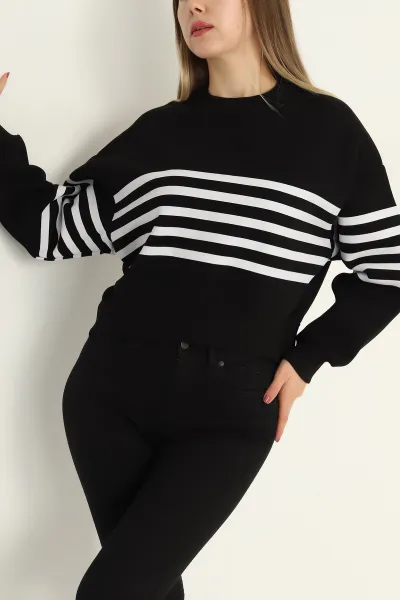 Siyah Çizgili Şardonlu İki İp Bayan Sweat 303892