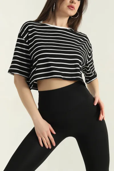 Siyah Çizgili Süprem Kadın Crop Bluz 357444