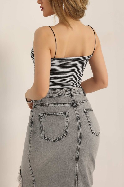 Siyah Çizgili Tasarım Crop Üst 178130