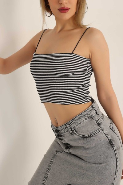 Siyah Çizgili Tasarım Crop Üst 178130