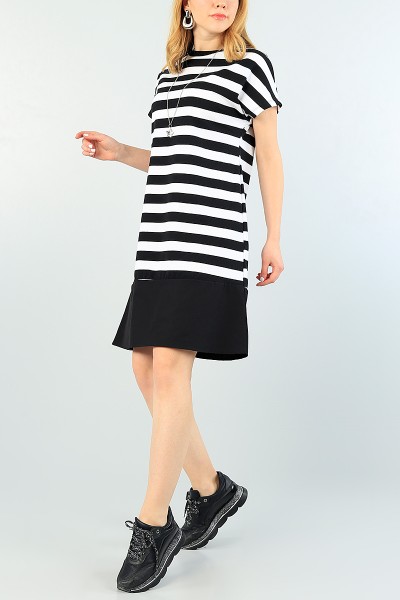 Siyah Çizgili Tasarım Garnili Elbise 63082