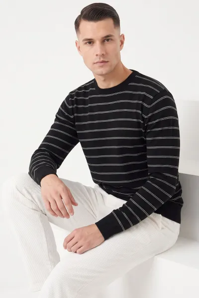 Siyah Çizgili Viskon Triko Erkek Sweatshirt 482854