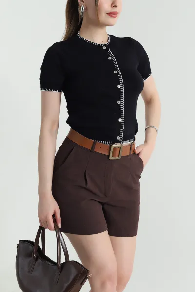 Siyah Çoban Dikiş Kadın Polyemid Bluz 466063