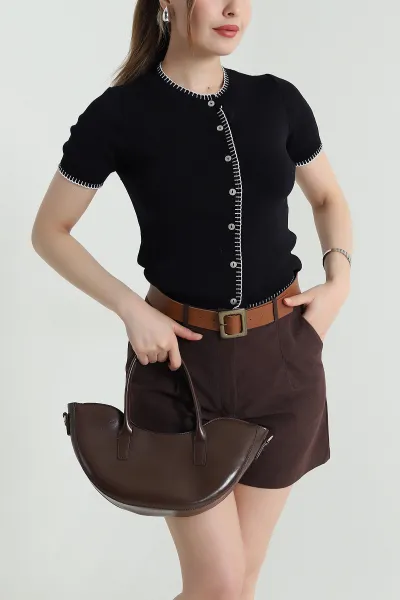 Siyah Çoban Dikiş Kadın Polyemid Bluz 466063